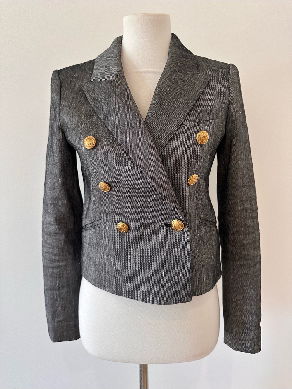 White House Black Market Charcoal Double-Breasted Cropped Blazer Gold Buttons
